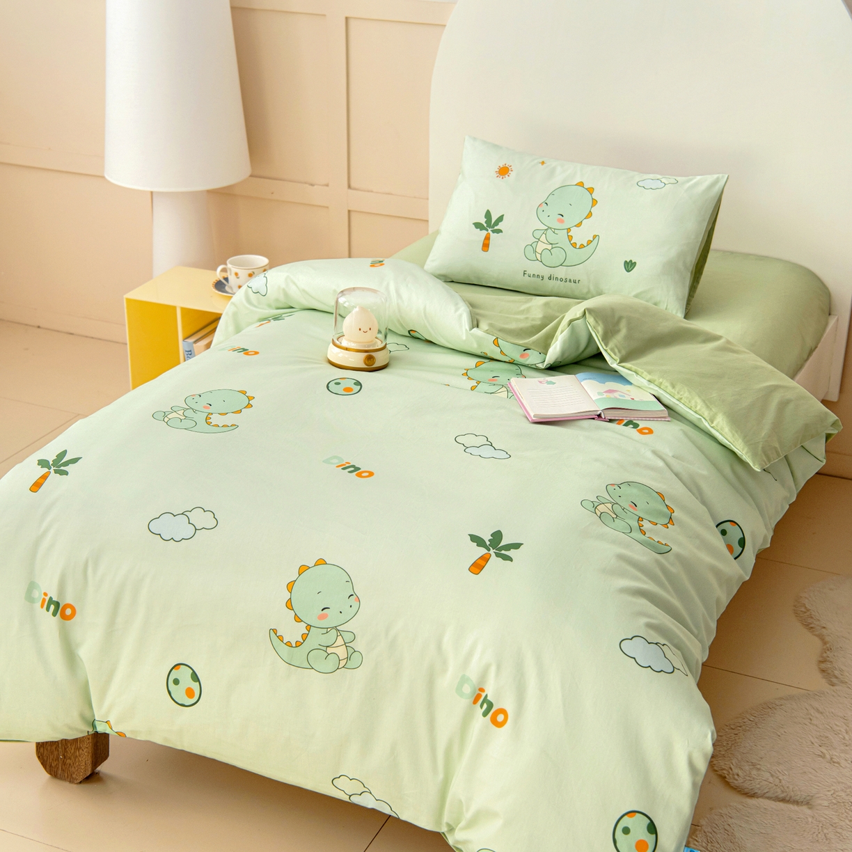 91家纺网 家纺一手货源 找家纺 御棉坊 2026新款A类全棉纯棉40S数码印花幼儿园入园三件套被子宝宝午睡被芯六件套 恐龙宝贝