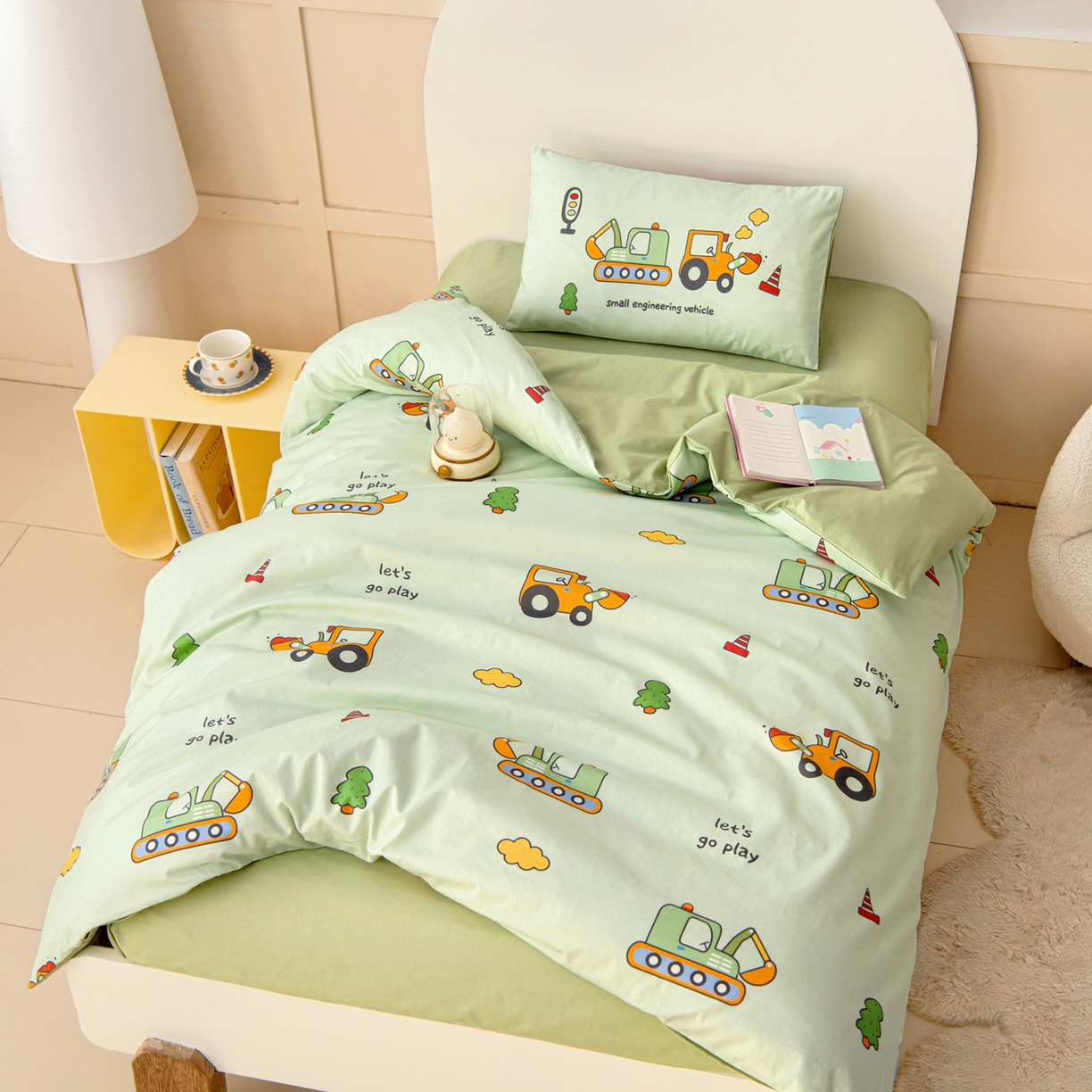 91家纺网 家纺一手货源 找家纺 御棉坊 2026新款A类全棉纯棉40S数码印花幼儿园入园三件套被子宝宝午睡被芯六件套 森林工程队