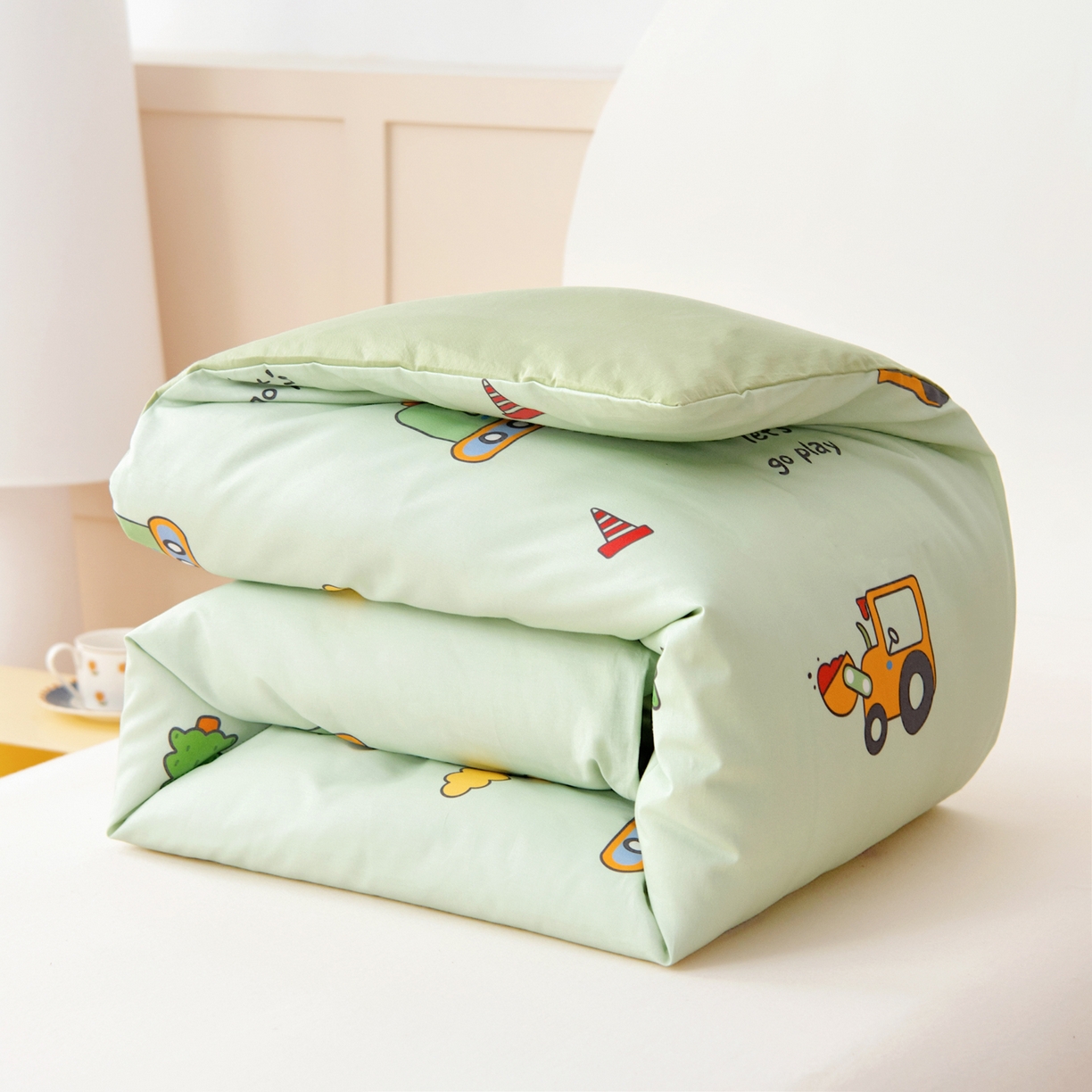 91家纺网 家纺一手货源 找家纺 御棉坊 2026新款A类全棉纯棉40S数码印花幼儿园入园三件套被子宝宝午睡被芯六件套 森林工程队