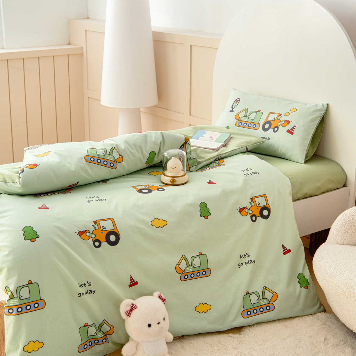 91家纺网 家纺一手货源 找家纺 御棉坊 2026新款A类全棉纯棉40S数码印花幼儿园入园三件套被子宝宝午睡被芯六件套 森林工程队