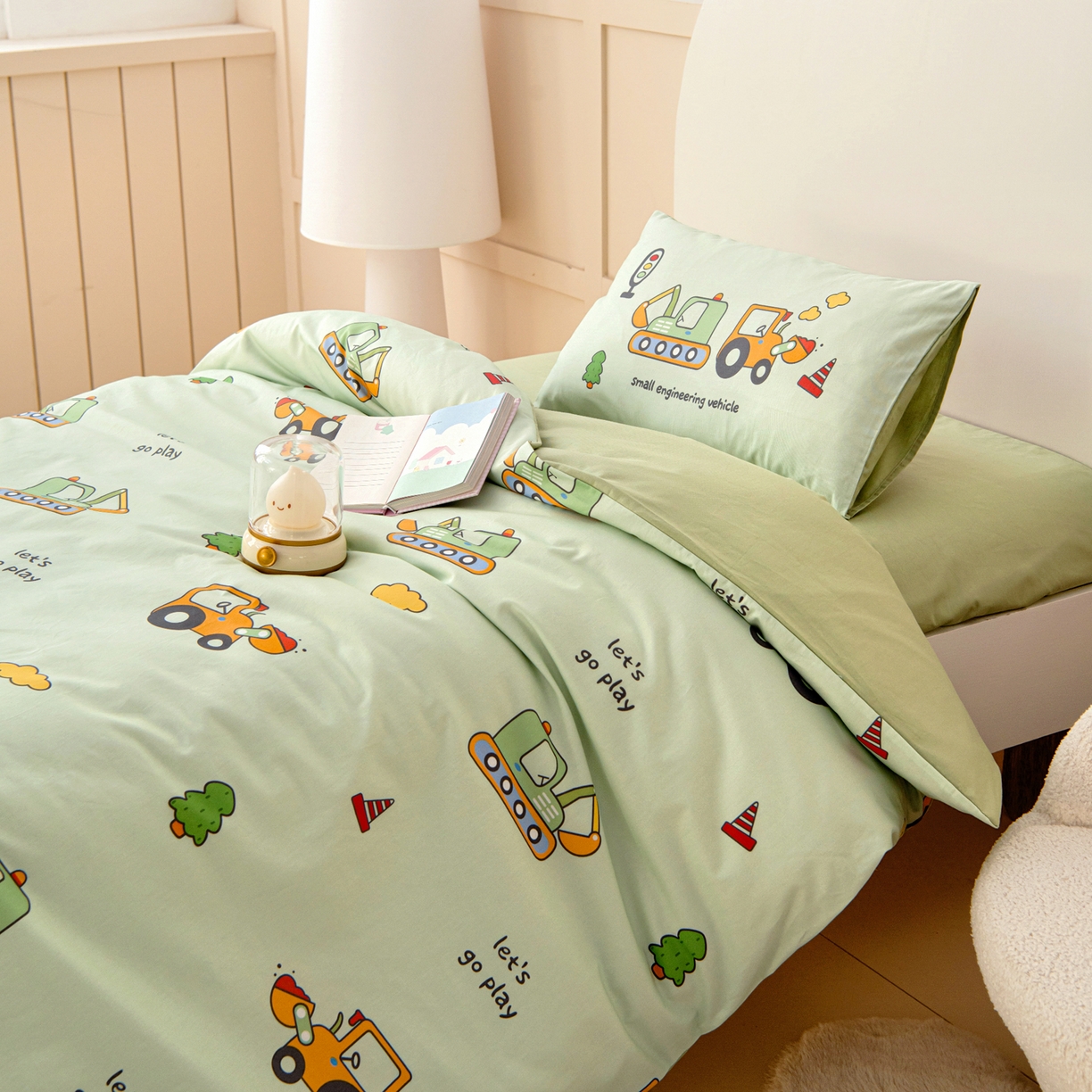 91家纺网 家纺一手货源 找家纺 御棉坊 2026新款A类全棉纯棉40S数码印花幼儿园入园三件套被子宝宝午睡被芯六件套 森林工程队