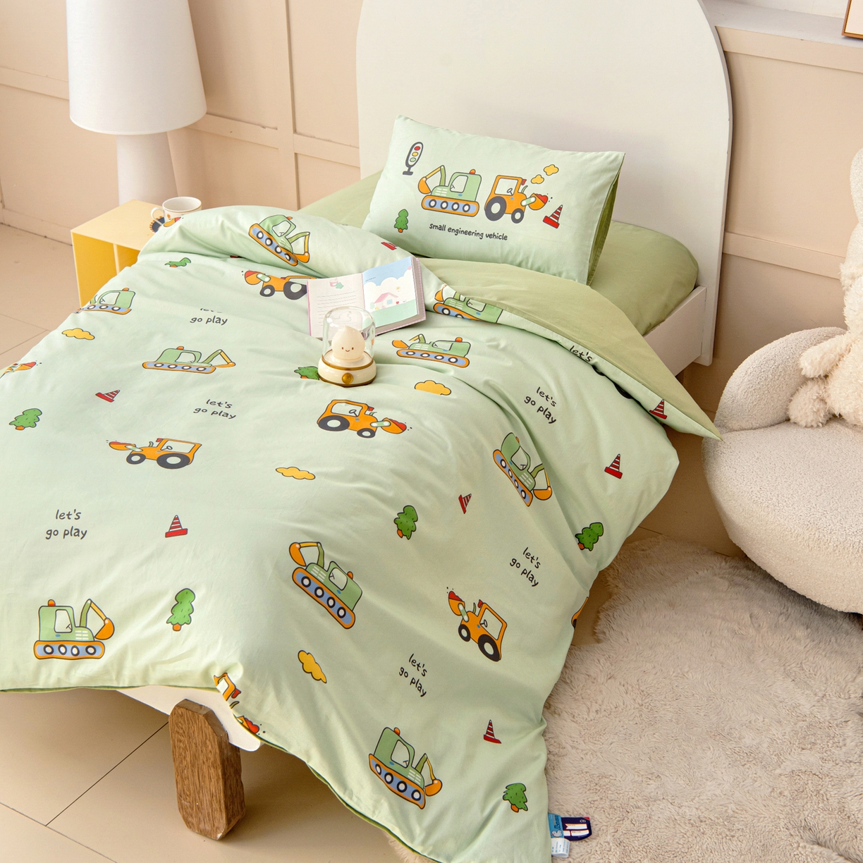 91家纺网 家纺一手货源 找家纺 御棉坊 2026新款A类全棉纯棉40S数码印花幼儿园入园三件套被子宝宝午睡被芯六件套 森林工程队