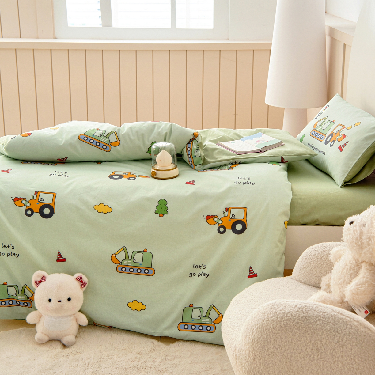 91家纺网 家纺一手货源 找家纺 御棉坊 2026新款A类全棉纯棉40S数码印花幼儿园入园三件套被子宝宝午睡被芯六件套 森林工程队