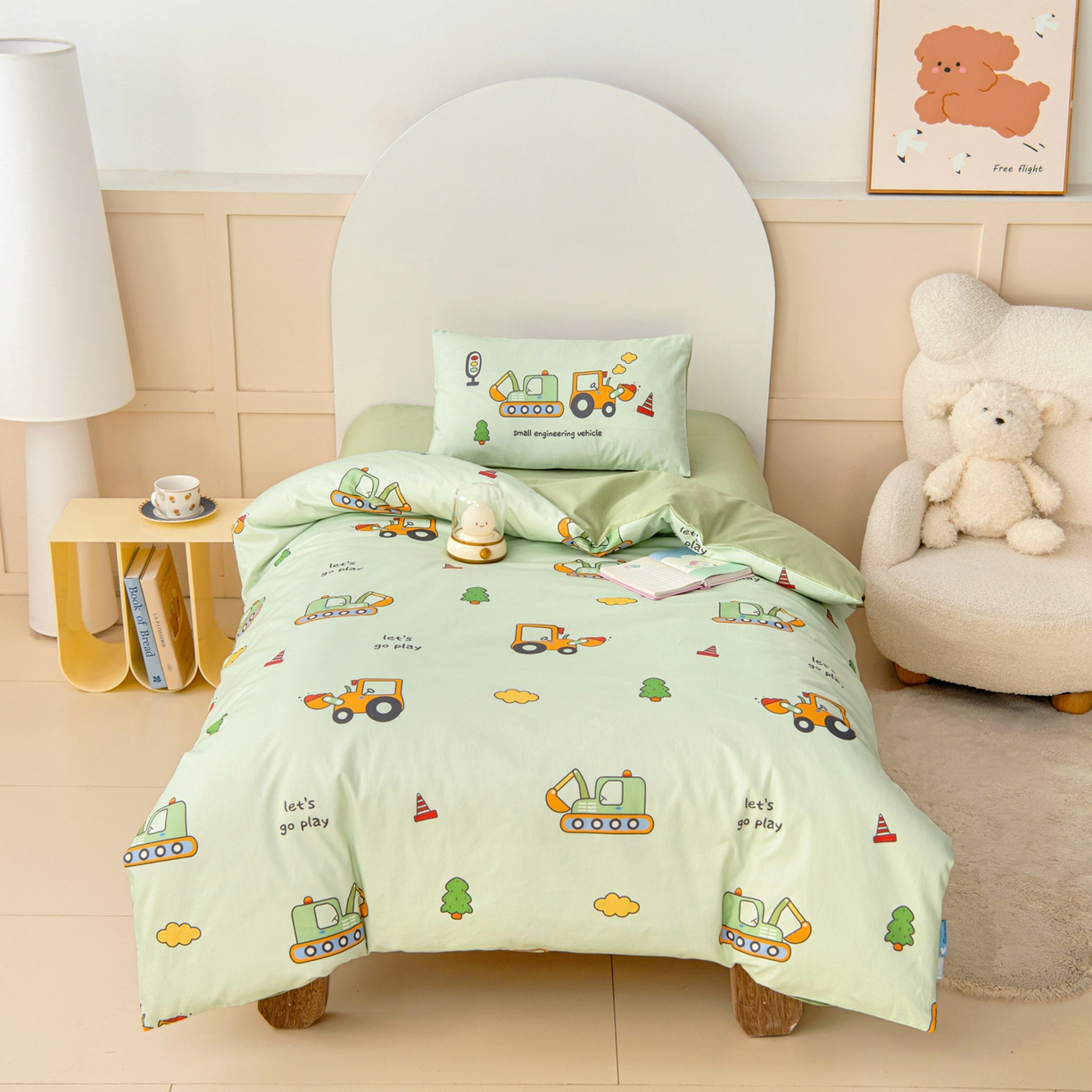 91家纺网 家纺一手货源 找家纺 御棉坊 2026新款A类全棉纯棉40S数码印花幼儿园入园三件套被子宝宝午睡被芯六件套 森林工程队