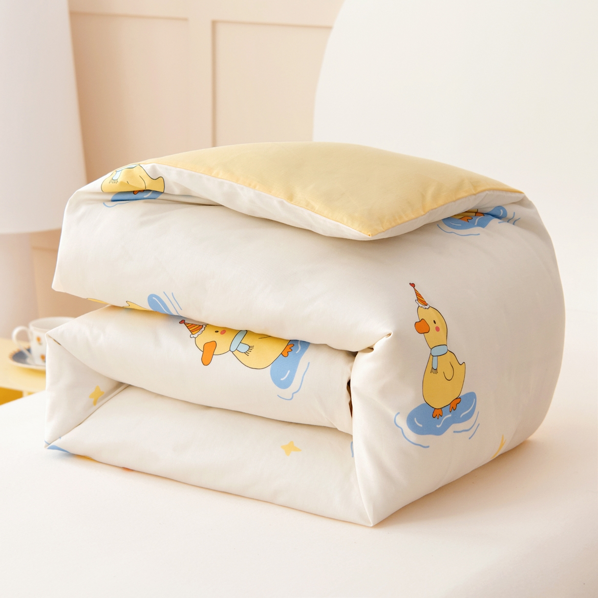 91家纺网 家纺一手货源 找家纺 御棉坊 2026新款A类全棉纯棉40S数码印花幼儿园入园三件套被子宝宝午睡被芯六件套 生日小鸭