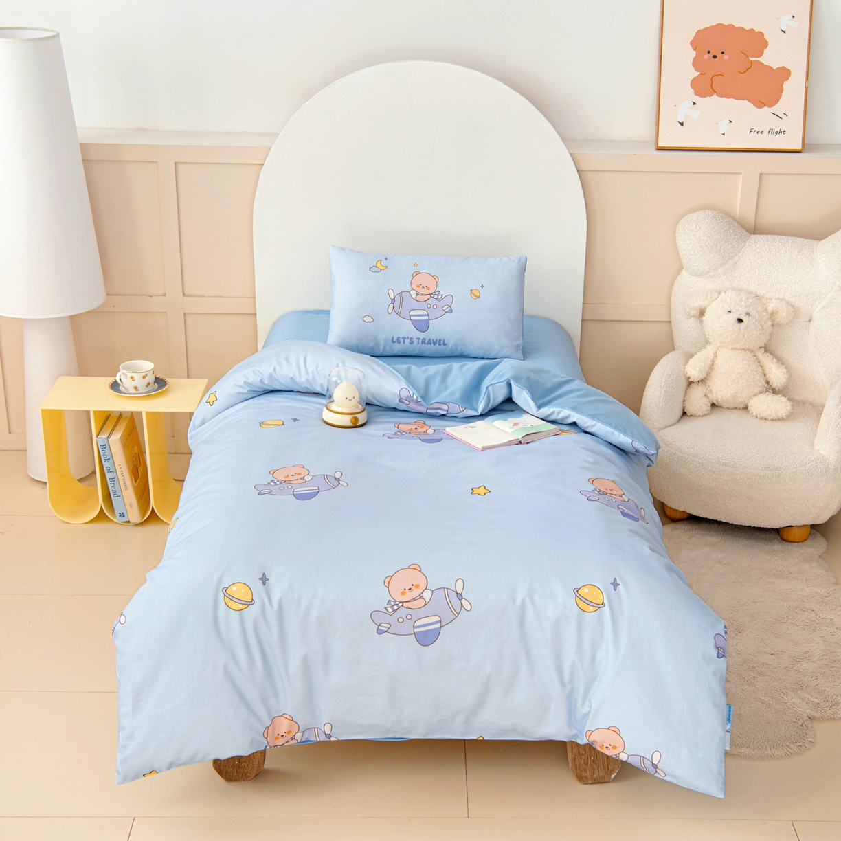 91家纺网 家纺一手货源 找家纺 御棉坊 2026新款A类全棉纯棉40S数码印花幼儿园入园三件套被子宝宝午睡被芯六件套 小熊飞行员