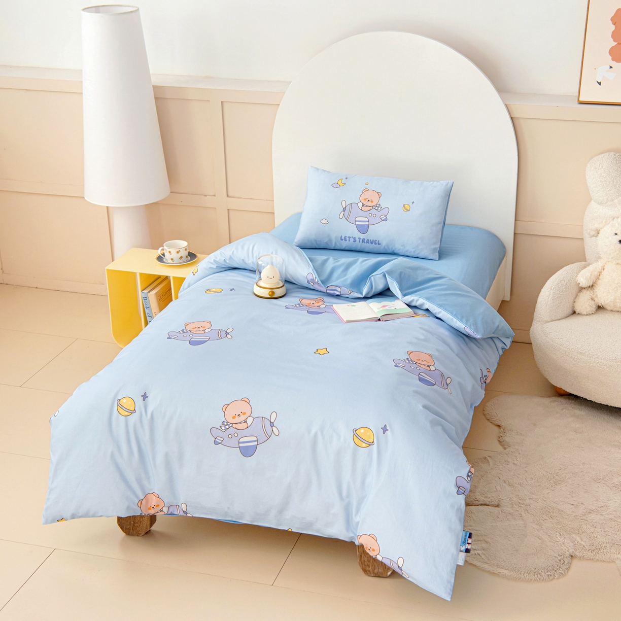 91家纺网 家纺一手货源 找家纺 御棉坊 2026新款A类全棉纯棉40S数码印花幼儿园入园三件套被子宝宝午睡被芯六件套 小熊飞行员