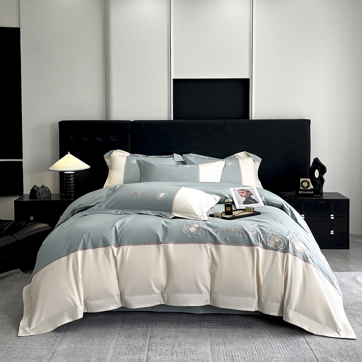 置顶家纺 2026新款春夏山茶花亲肤拼接刺绣四件套 山茶花-繁星蓝