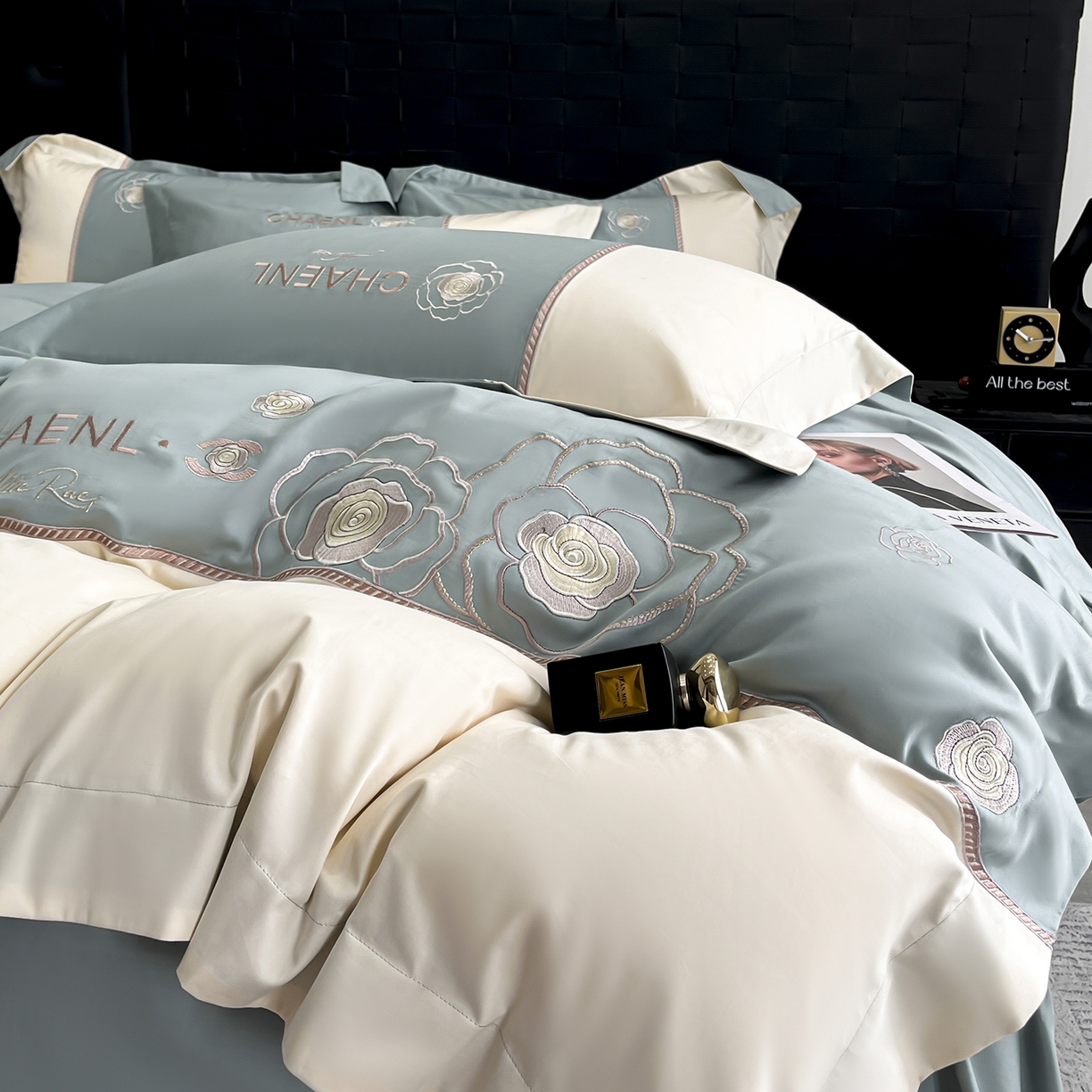 91家纺网 家纺一手货源 找家纺 置顶家纺 2026新款春夏山茶花亲肤拼接刺绣四件套 山茶花-繁星蓝