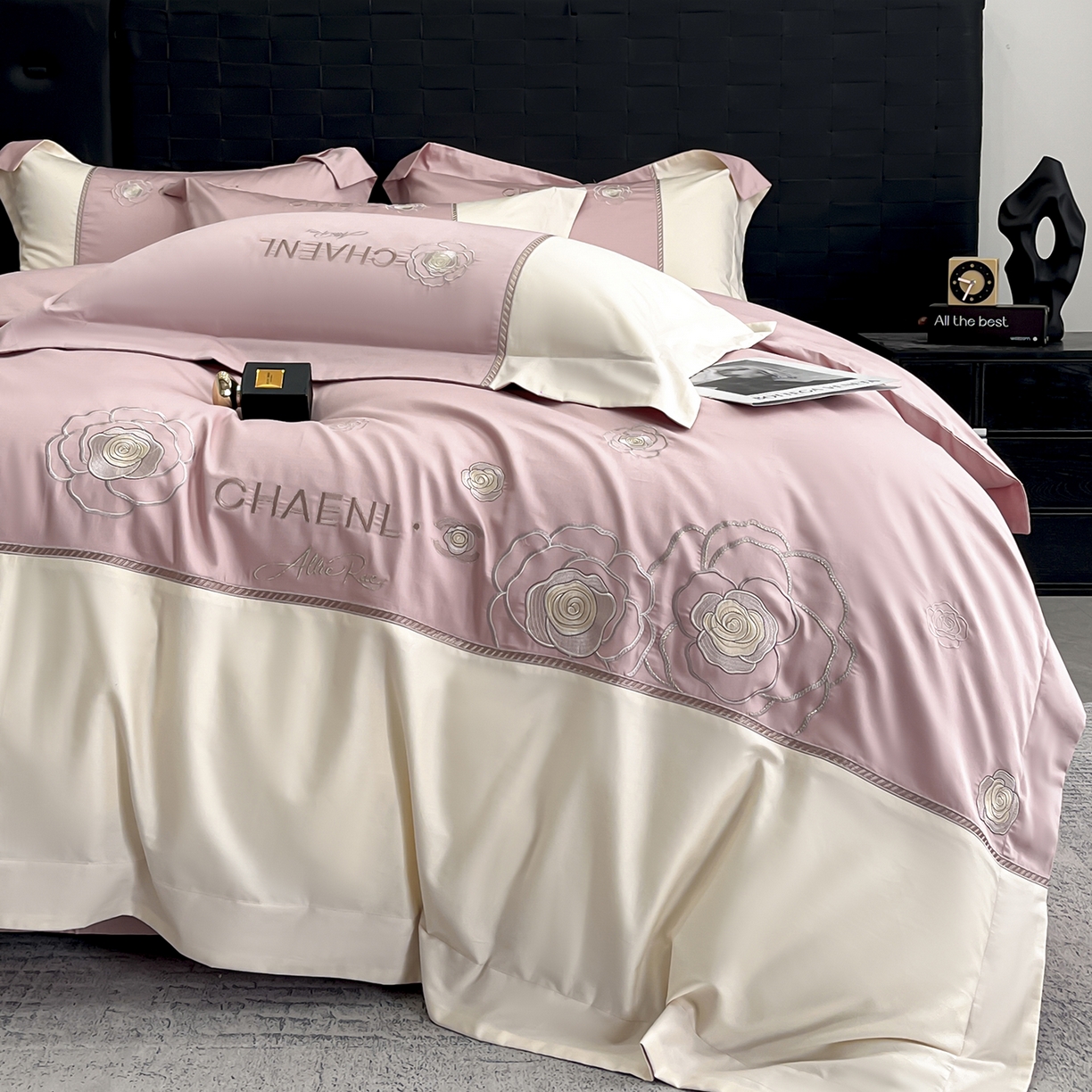 91家纺网 家纺一手货源 找家纺 置顶家纺 2026新款春夏山茶花亲肤拼接刺绣四件套 山茶花-浅豆沙