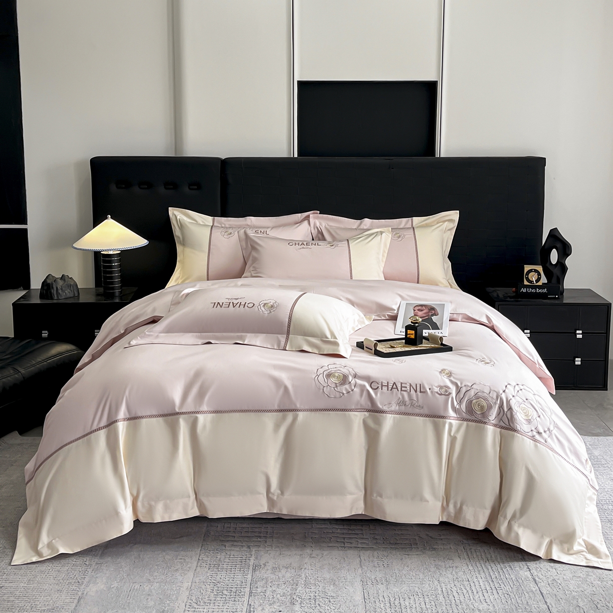 （总）置顶家纺 2026新款春夏山茶花亲肤拼接刺绣四件套