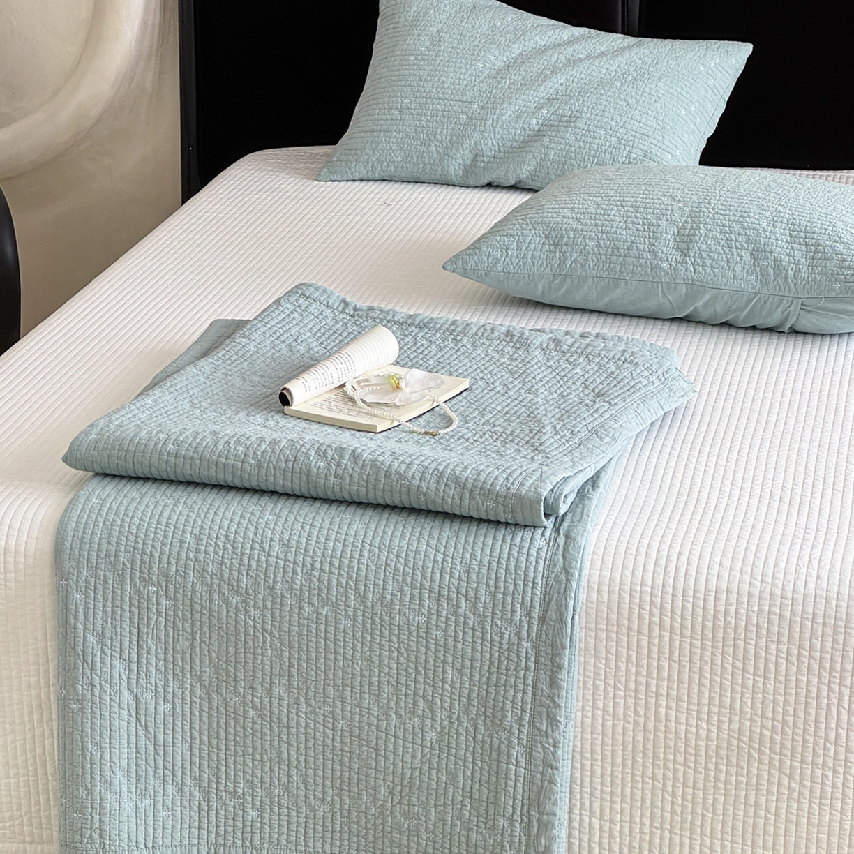 床盖工厂店 2025新款韩式四叶草双面全棉填充棉花床盖套件 水绿