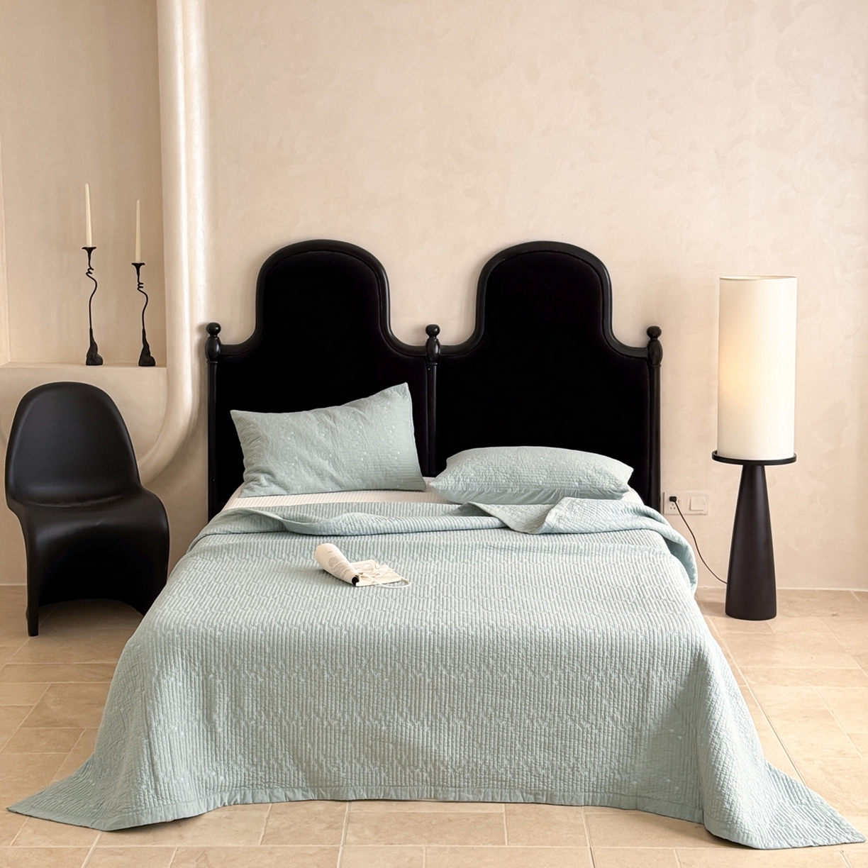 91家纺网 家纺一手货源 找家纺 床盖工厂店 2025新款韩式四叶草双面全棉填充棉花床盖套件 水绿