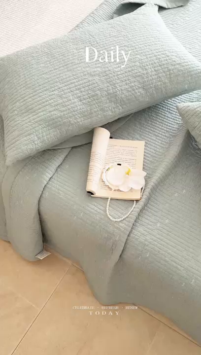 91家纺网 家纺一手货源 找家纺 床盖工厂店 2025新款韩式四叶草双面全棉填充棉花床盖套件 水绿