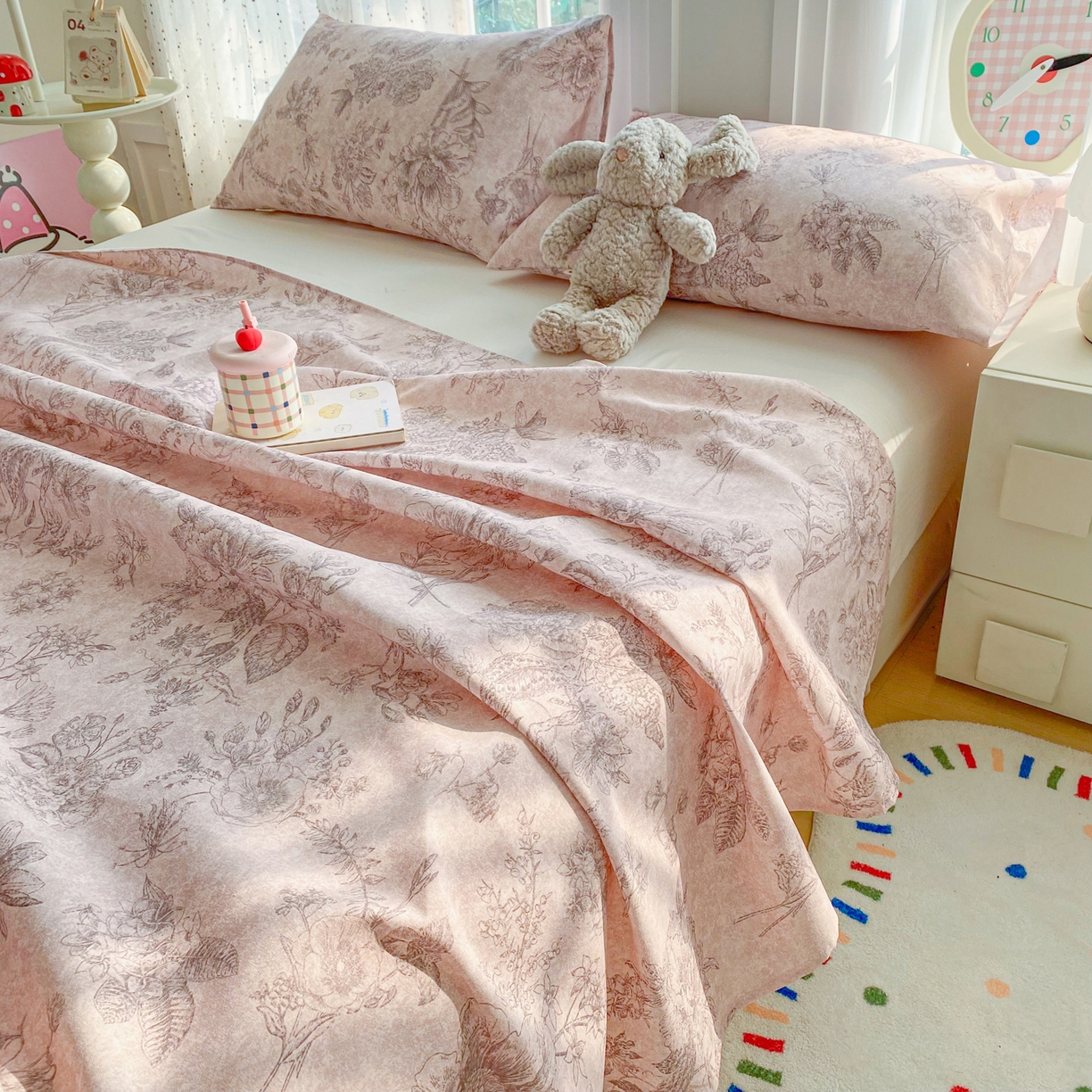 91家纺网 家纺一手货源 找家纺 首爱家纺 2026新款印花老粗布床单单品床单床单单件 木槿