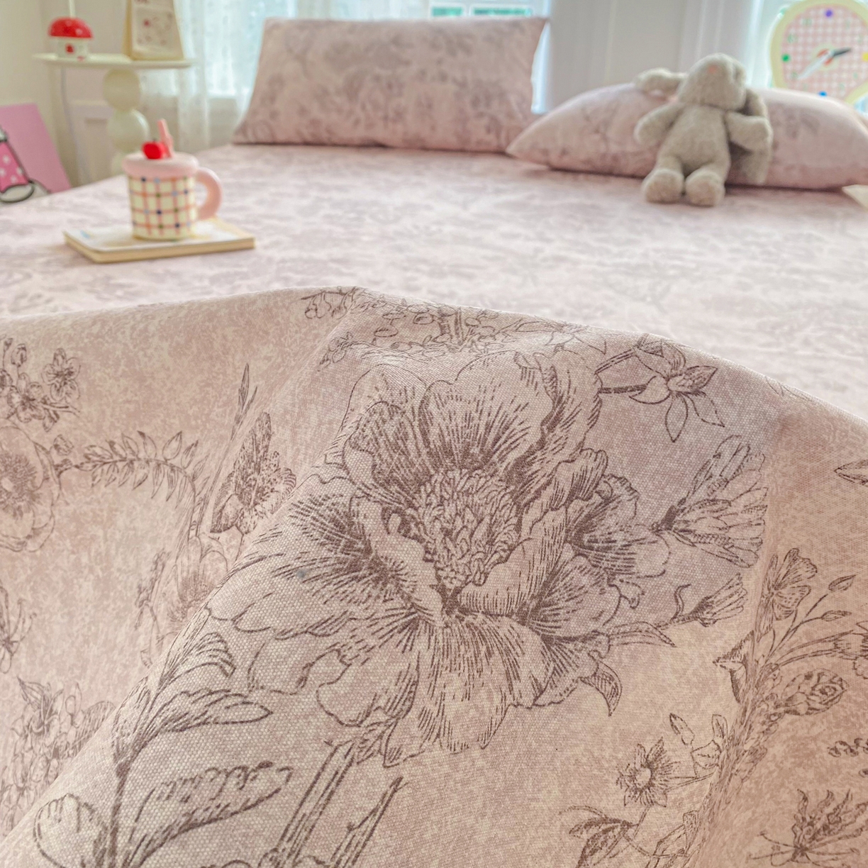 91家纺网 家纺一手货源 找家纺 首爱家纺 2026新款印花老粗布床单单品床单床单单件 木槿