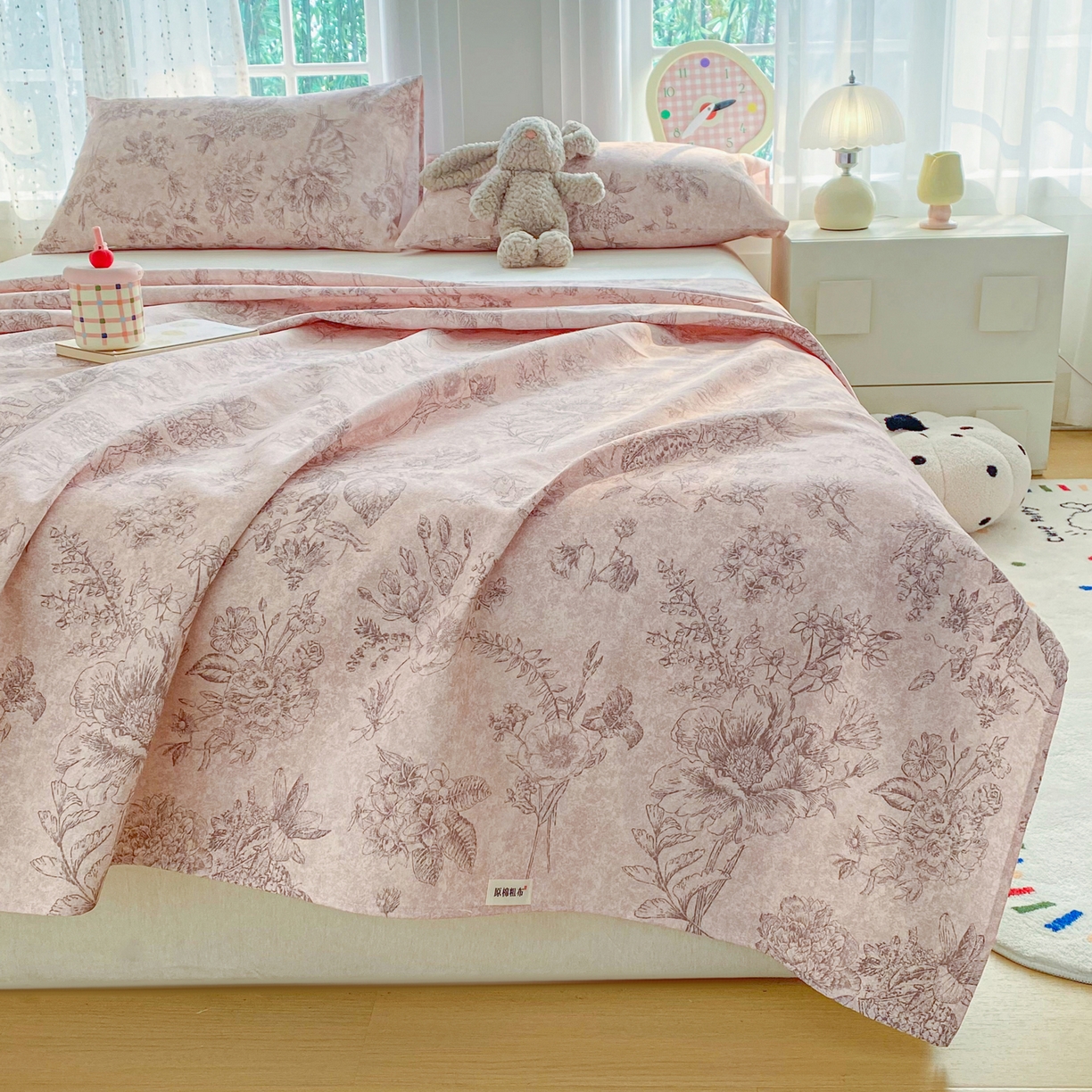 91家纺网 家纺一手货源 找家纺 首爱家纺 2026新款印花老粗布床单单品床单床单单件 木槿