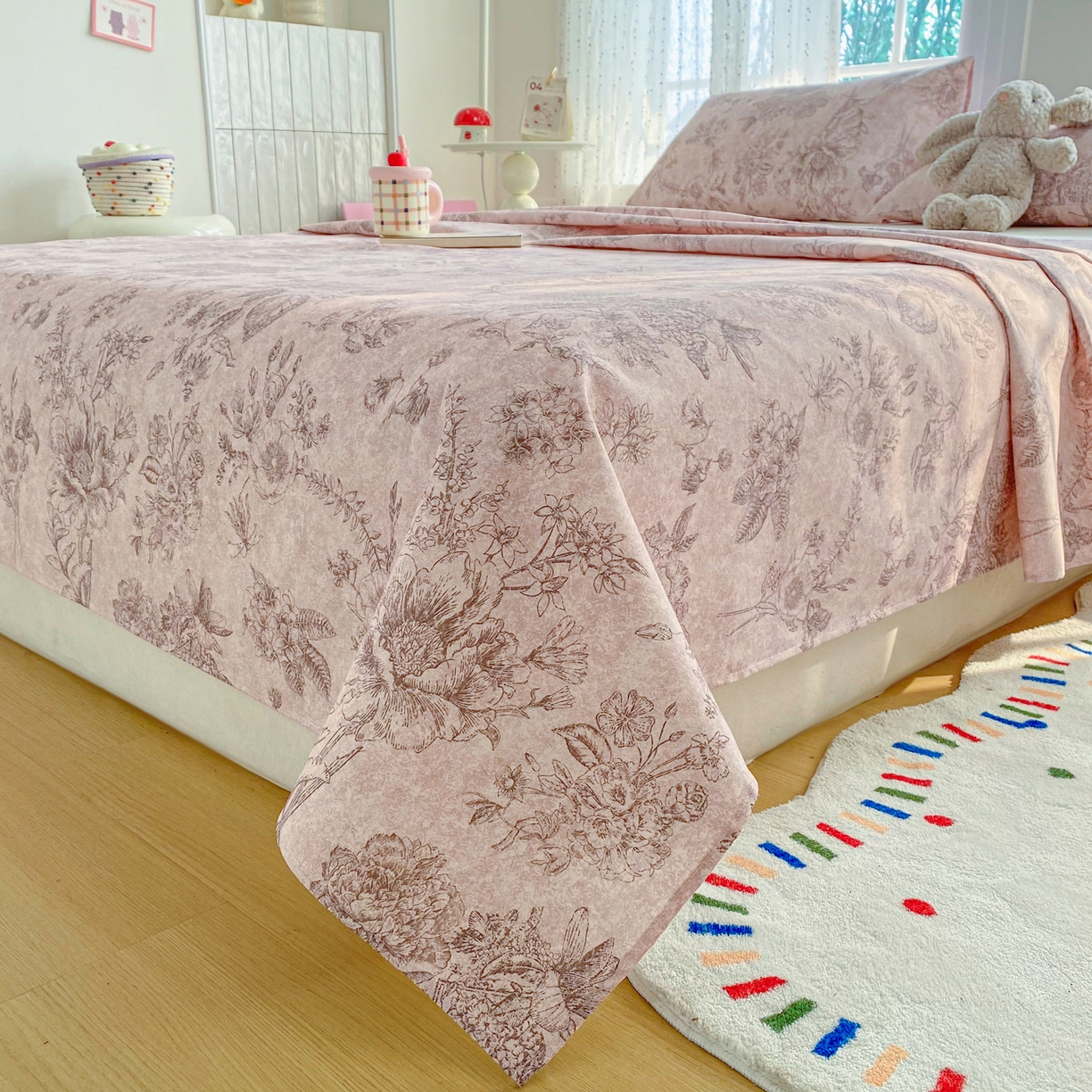 91家纺网 家纺一手货源 找家纺 首爱家纺 2026新款印花老粗布床单单品床单床单单件 木槿