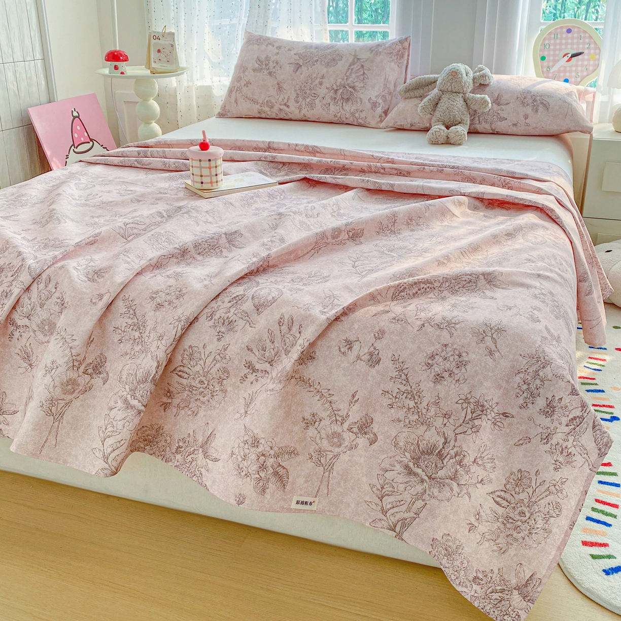 91家纺网 家纺一手货源 找家纺 首爱家纺 2026新款印花老粗布床单单品床单床单单件 木槿