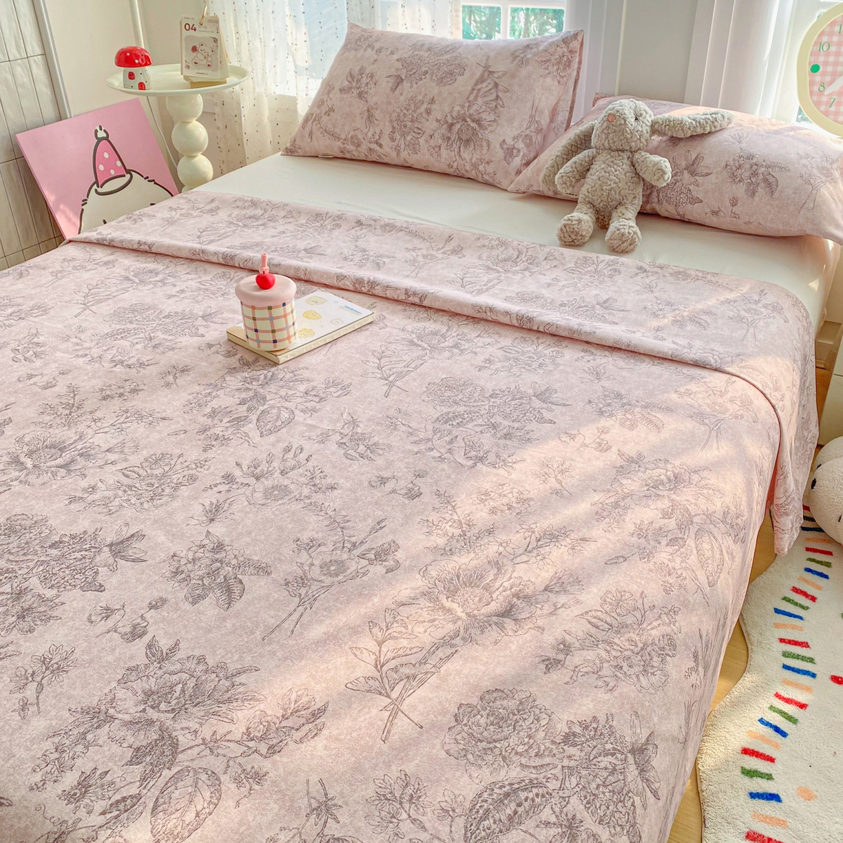 91家纺网 家纺一手货源 找家纺 首爱家纺 2026新款印花老粗布床单单品床单床单单件 木槿