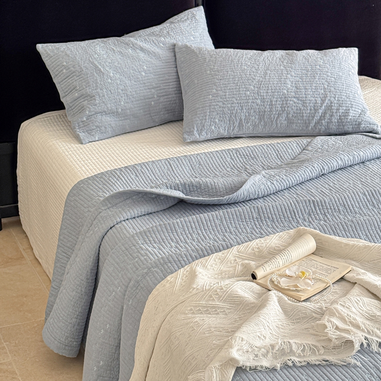 91家纺网 家纺一手货源 找家纺 床盖工厂店 2025新款韩式四叶草双面全棉填充棉花床盖套件 天空兰