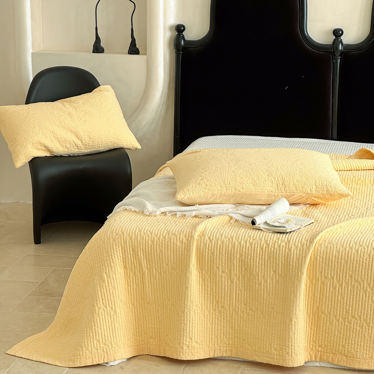 91家纺网 家纺一手货源 找家纺 床盖工厂店 2025新款韩式四叶草双面全棉填充棉花床盖套件 芝士黄