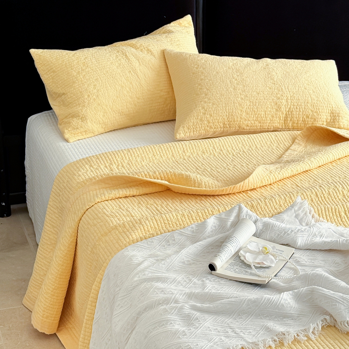 91家纺网 家纺一手货源 找家纺 床盖工厂店 2025新款韩式四叶草双面全棉填充棉花床盖套件 芝士黄