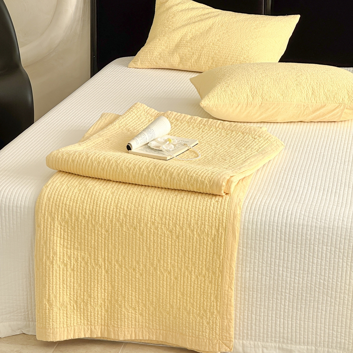 床盖工厂店 2025新款韩式四叶草双面全棉填充棉花床盖套件 芝士黄