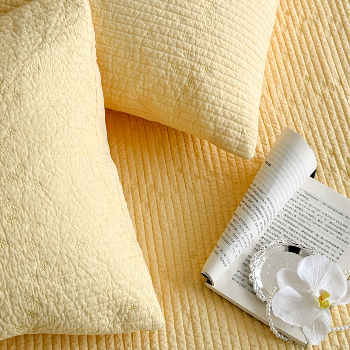 91家纺网 家纺一手货源 找家纺 床盖工厂店 2025新款韩式四叶草双面全棉填充棉花床盖套件 芝士黄