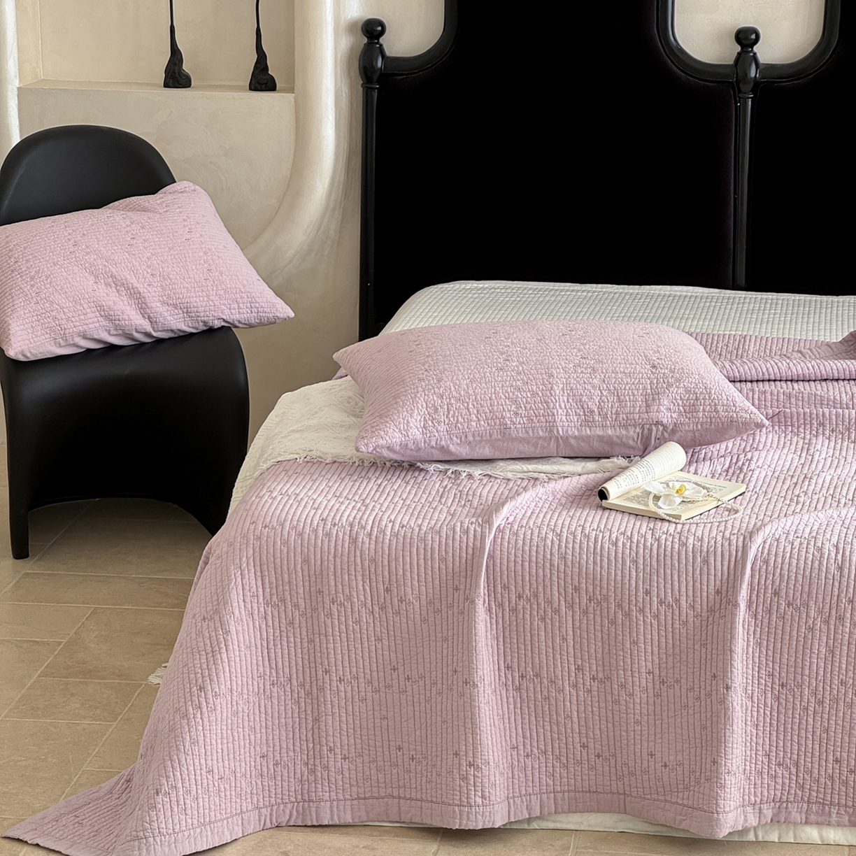 91家纺网 家纺一手货源 找家纺 床盖工厂店 2025新款韩式四叶草双面全棉填充棉花床盖套件 香芋紫