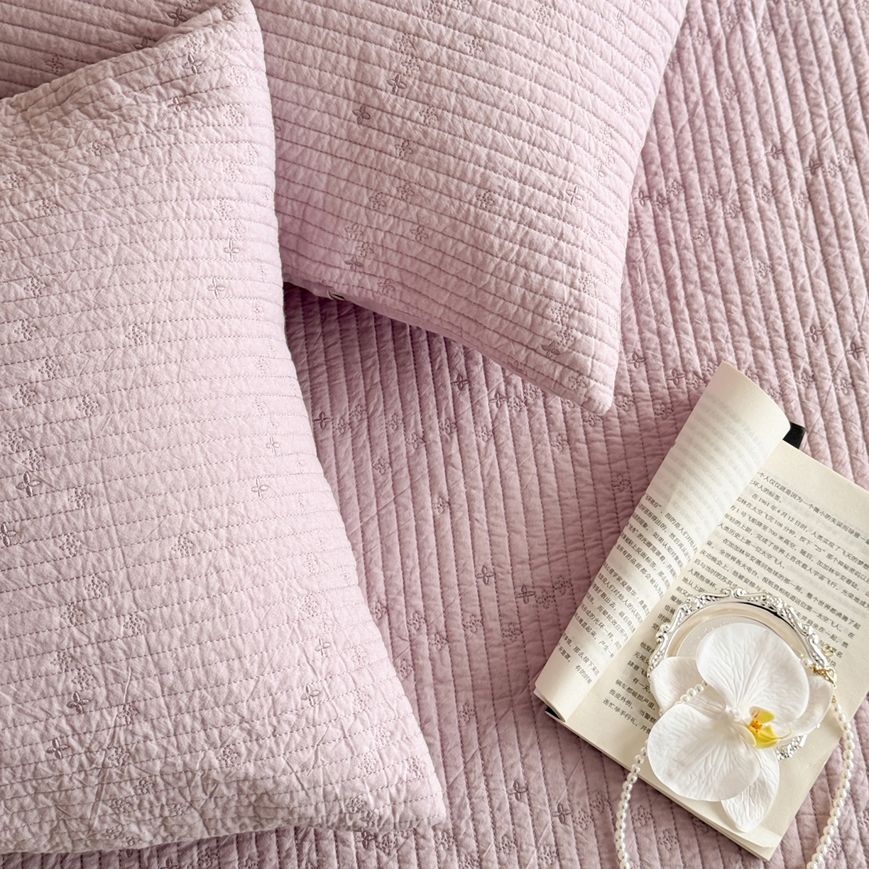 91家纺网 家纺一手货源 找家纺 床盖工厂店 2025新款韩式四叶草双面全棉填充棉花床盖套件 香芋紫