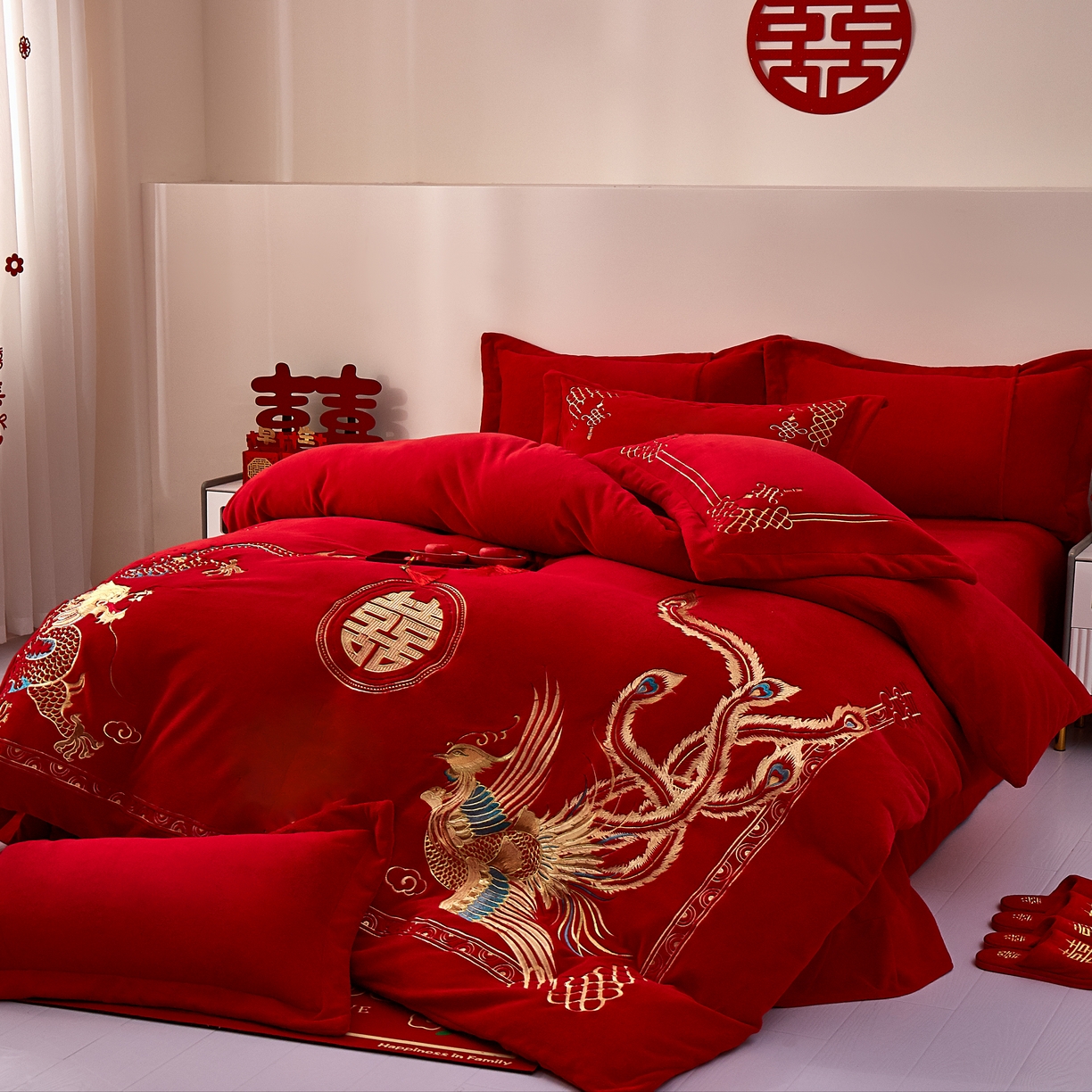 91家纺网 家纺一手货源 找家纺 布乐意 2025新款高克重大红牛奶绒婚庆全工艺重工刺绣新中式结婚四件套六件套小红书推荐抖音直播爆款 双喜龙凤