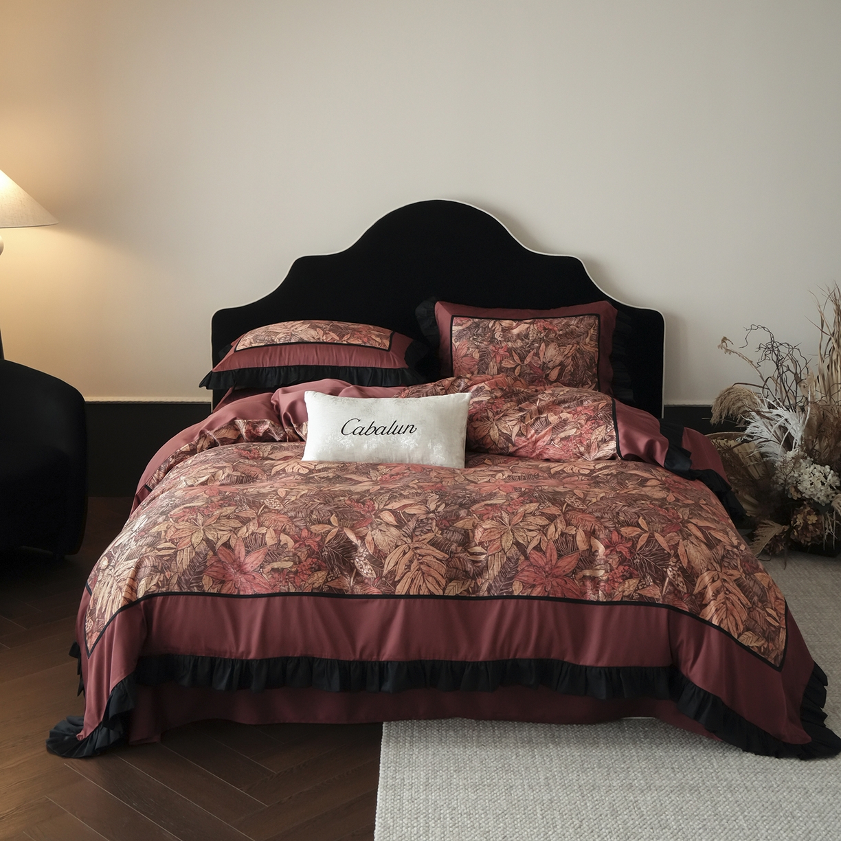 卡巴伦家纺 2026新款天丝棉法式复古风天丝棉拼接款四件套（控价标准号：458元 有快递盒需求的话需加5元 会员：-20元）  韵（复古红）