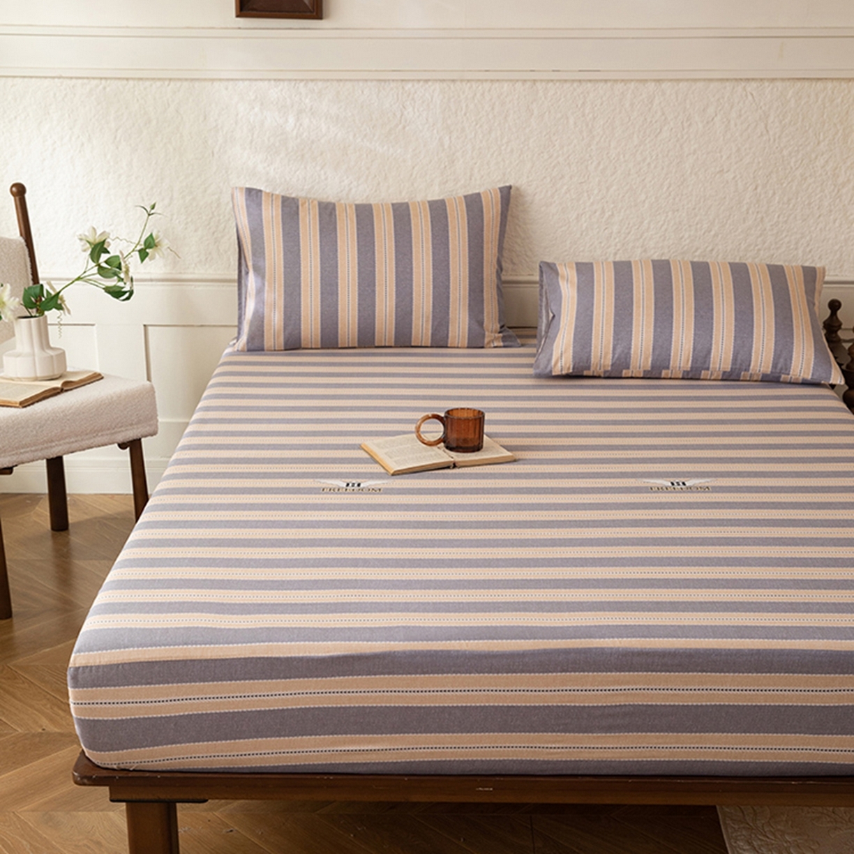 91家纺网 家纺一手货源 找家纺 （总）八十八家纺 2026新款无印风全棉纯棉斜纹条格单床笠床笠单件单品床笠