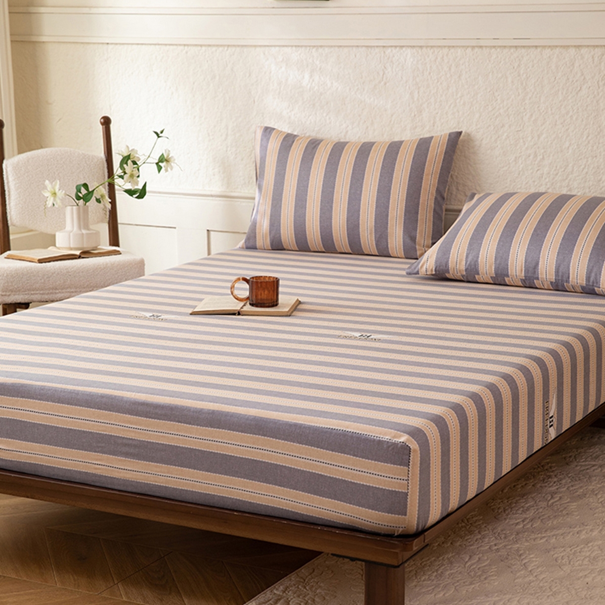 91家纺网 家纺一手货源 找家纺 （总）八十八家纺 2026新款无印风全棉纯棉斜纹条格单床笠床笠单件单品床笠