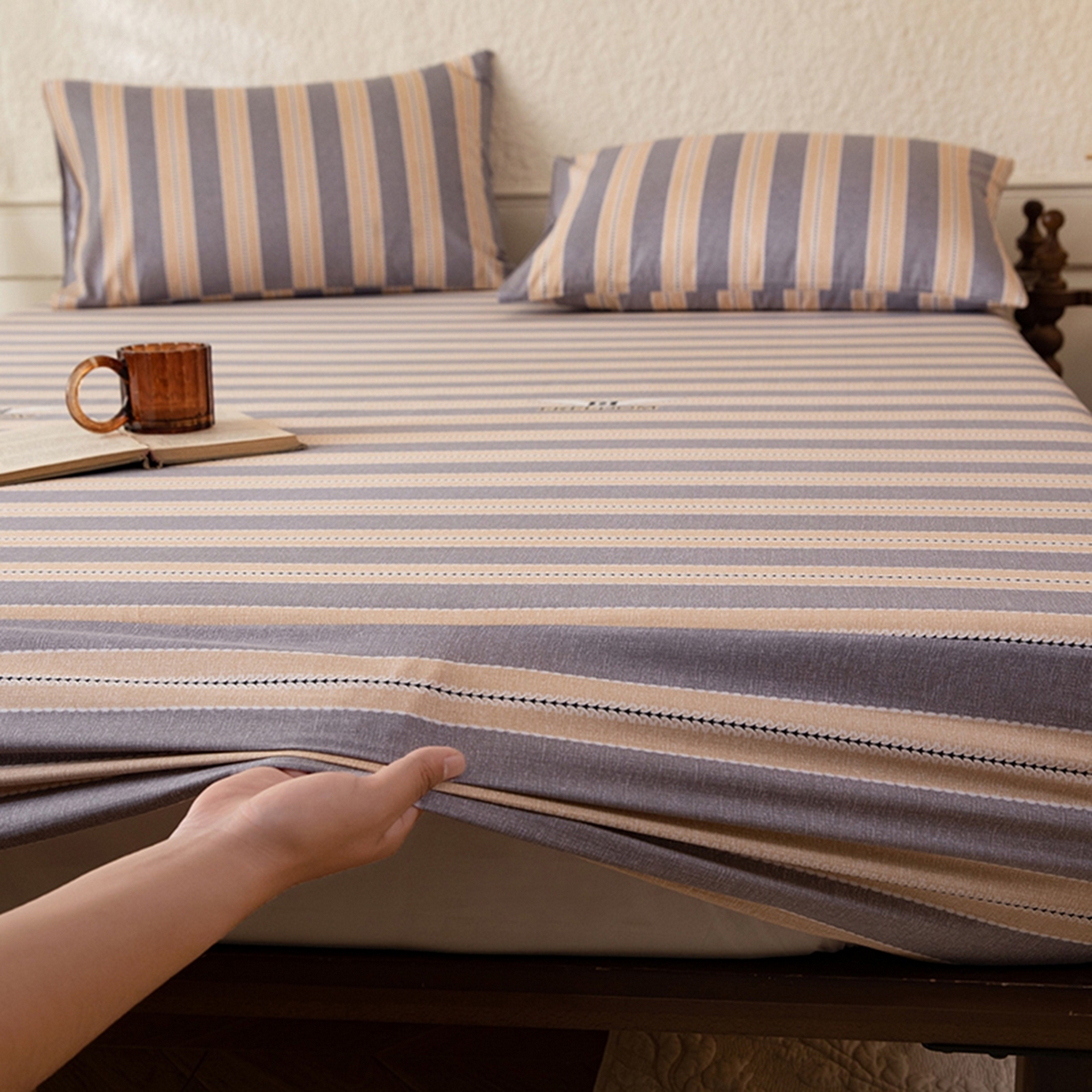 91家纺网 家纺一手货源 找家纺 （总）八十八家纺 2026新款无印风全棉纯棉斜纹条格单床笠床笠单件单品床笠