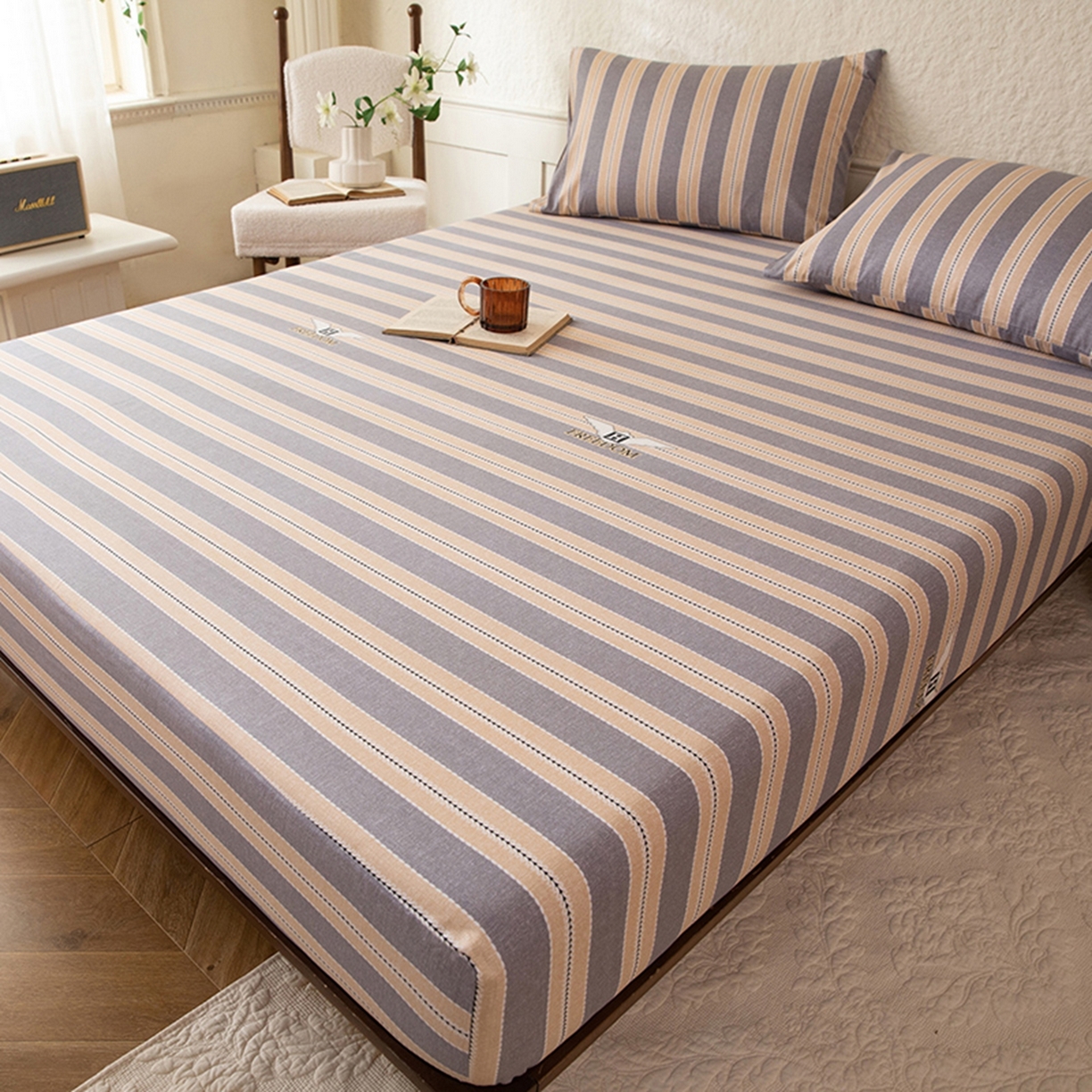 91家纺网 家纺一手货源 找家纺 （总）八十八家纺 2026新款无印风全棉纯棉斜纹条格单床笠床笠单件单品床笠