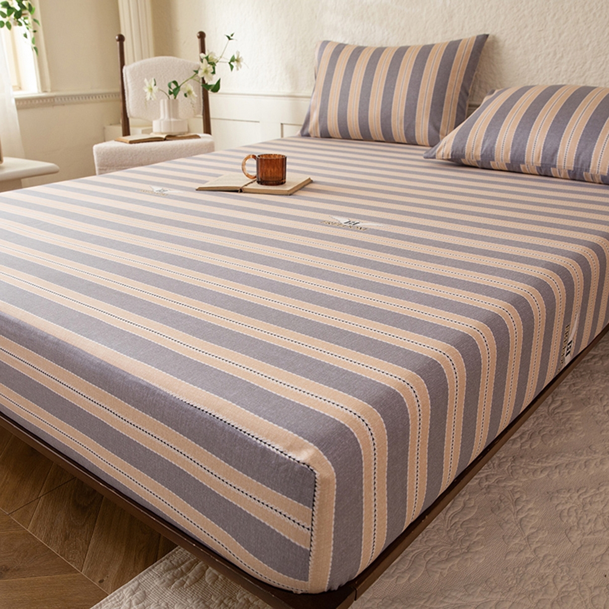 91家纺网 家纺一手货源 找家纺 （总）八十八家纺 2026新款无印风全棉纯棉斜纹条格单床笠床笠单件单品床笠