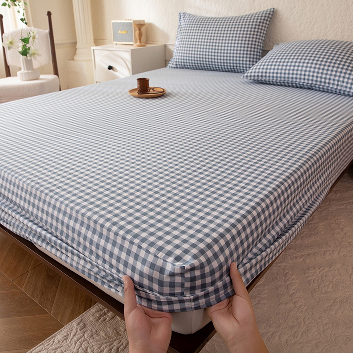 91家纺网 家纺一手货源 找家纺 （总）八十八家纺 2026新款无印风全棉纯棉斜纹条格单床笠床笠单件单品床笠