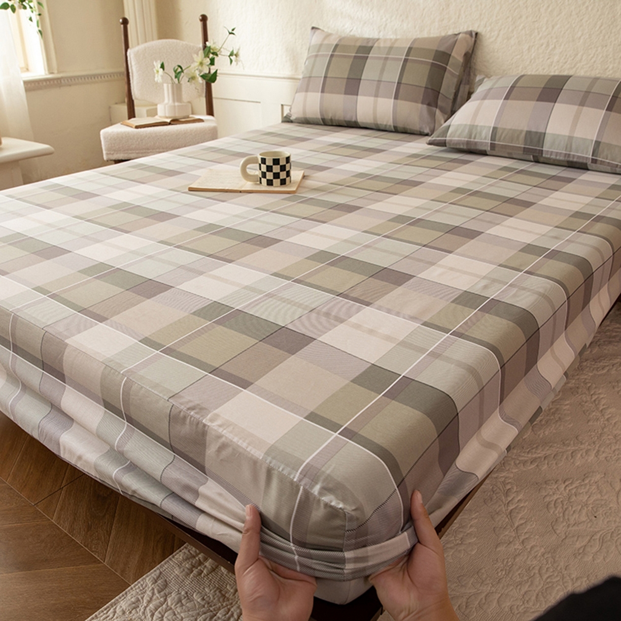 91家纺网 家纺一手货源 找家纺 （总）八十八家纺 2026新款无印风全棉纯棉斜纹条格单床笠床笠单件单品床笠