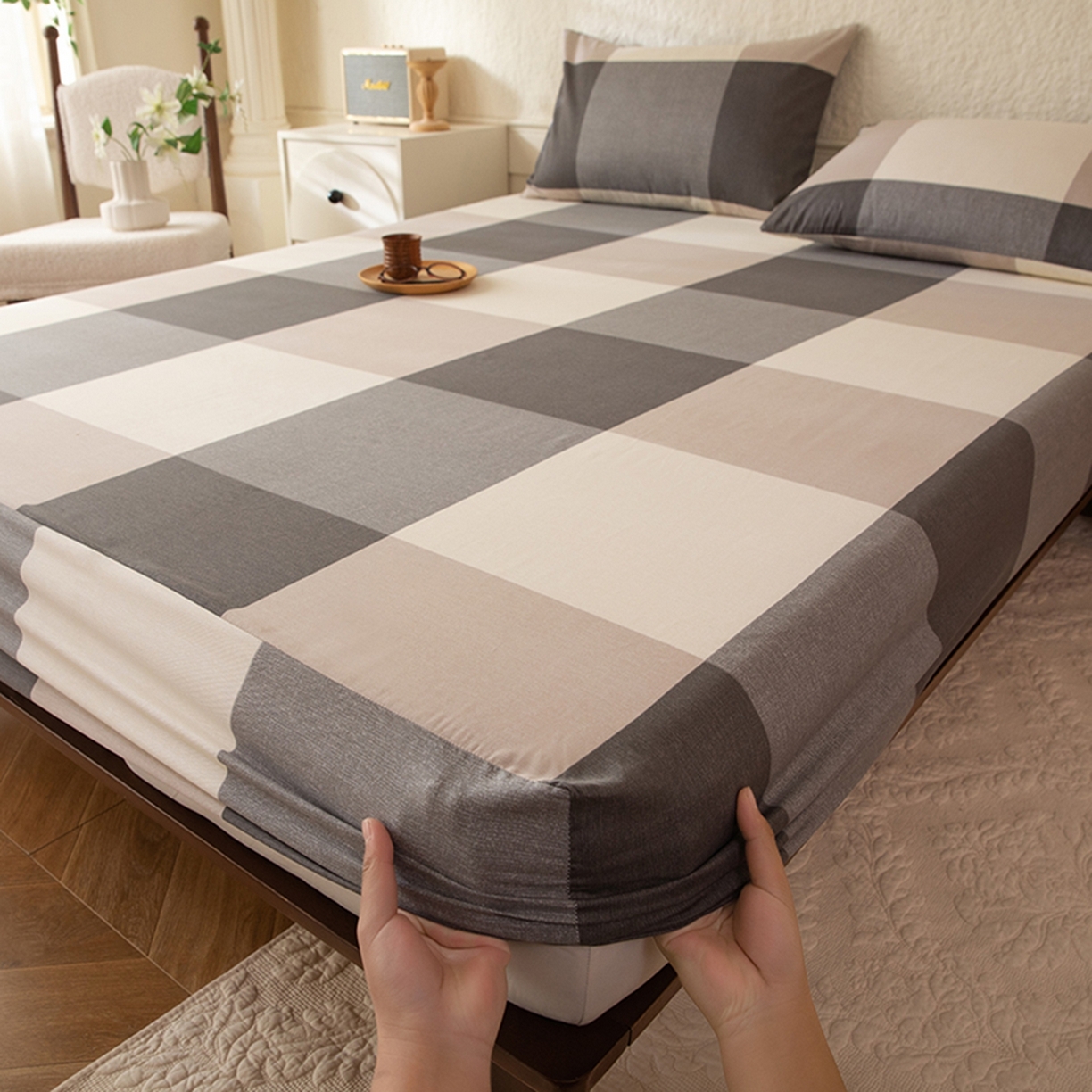 91家纺网 家纺一手货源 找家纺 （总）八十八家纺 2026新款无印风全棉纯棉斜纹条格单床笠床笠单件单品床笠