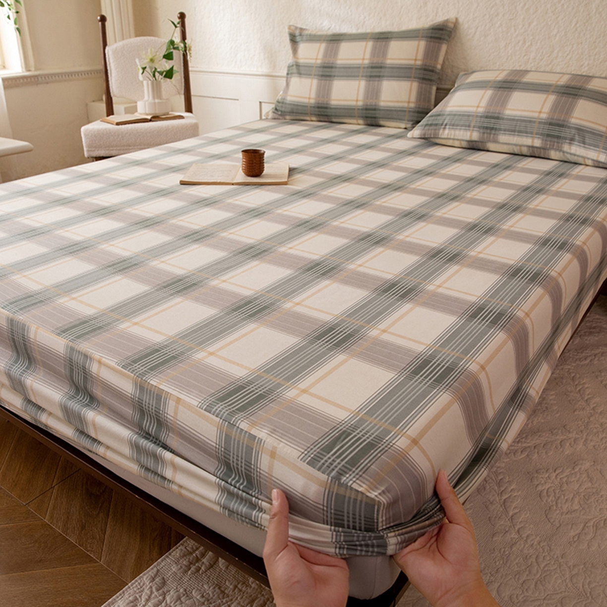 91家纺网 家纺一手货源 找家纺 （总）八十八家纺 2026新款无印风全棉纯棉斜纹条格单床笠床笠单件单品床笠