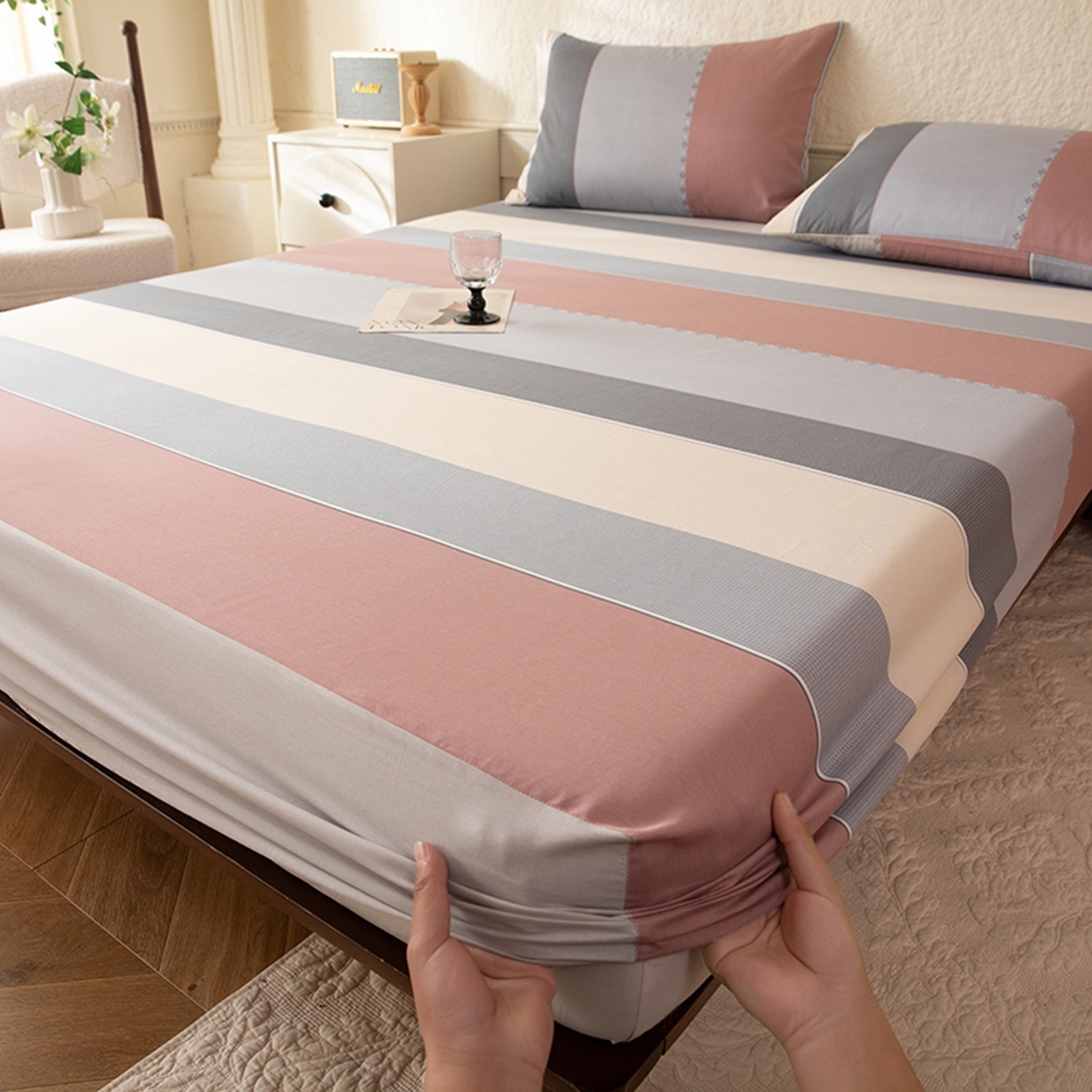 八十八家纺 2026新款无印风全棉纯棉斜纹条格单床笠床笠单件单品床笠 木本