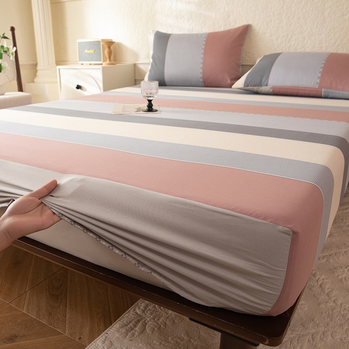 91家纺网 家纺一手货源 找家纺 八十八家纺 2026新款无印风全棉纯棉斜纹条格单床笠床笠单件单品床笠 木本