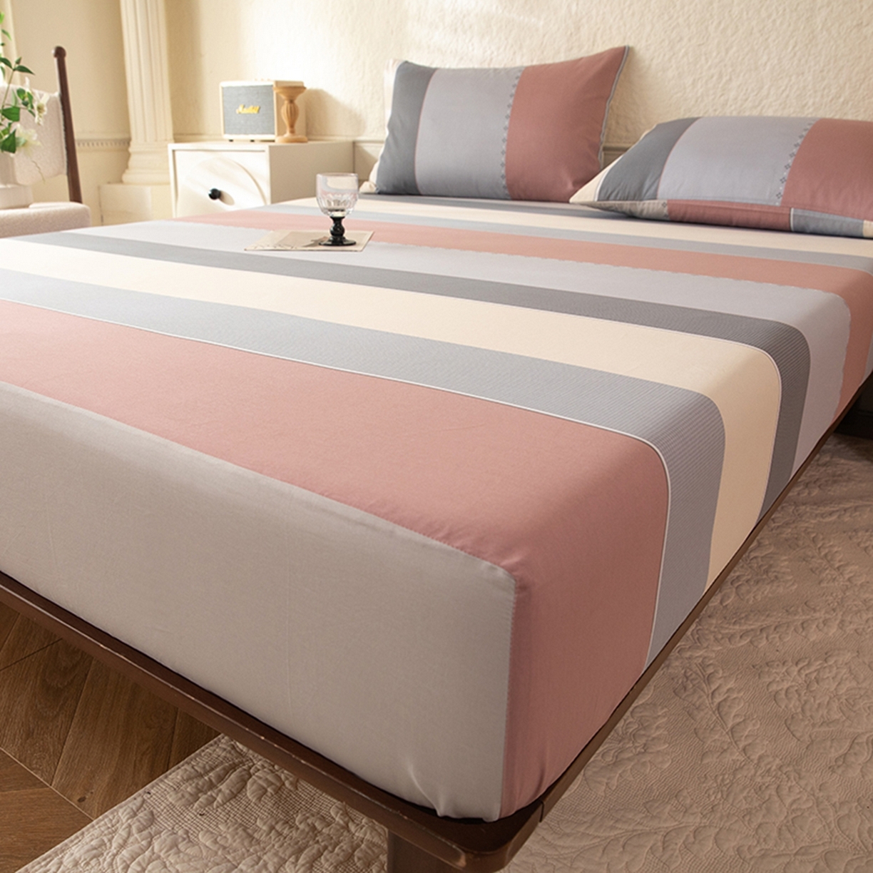 91家纺网 家纺一手货源 找家纺 八十八家纺 2026新款无印风全棉纯棉斜纹条格单床笠床笠单件单品床笠 木本