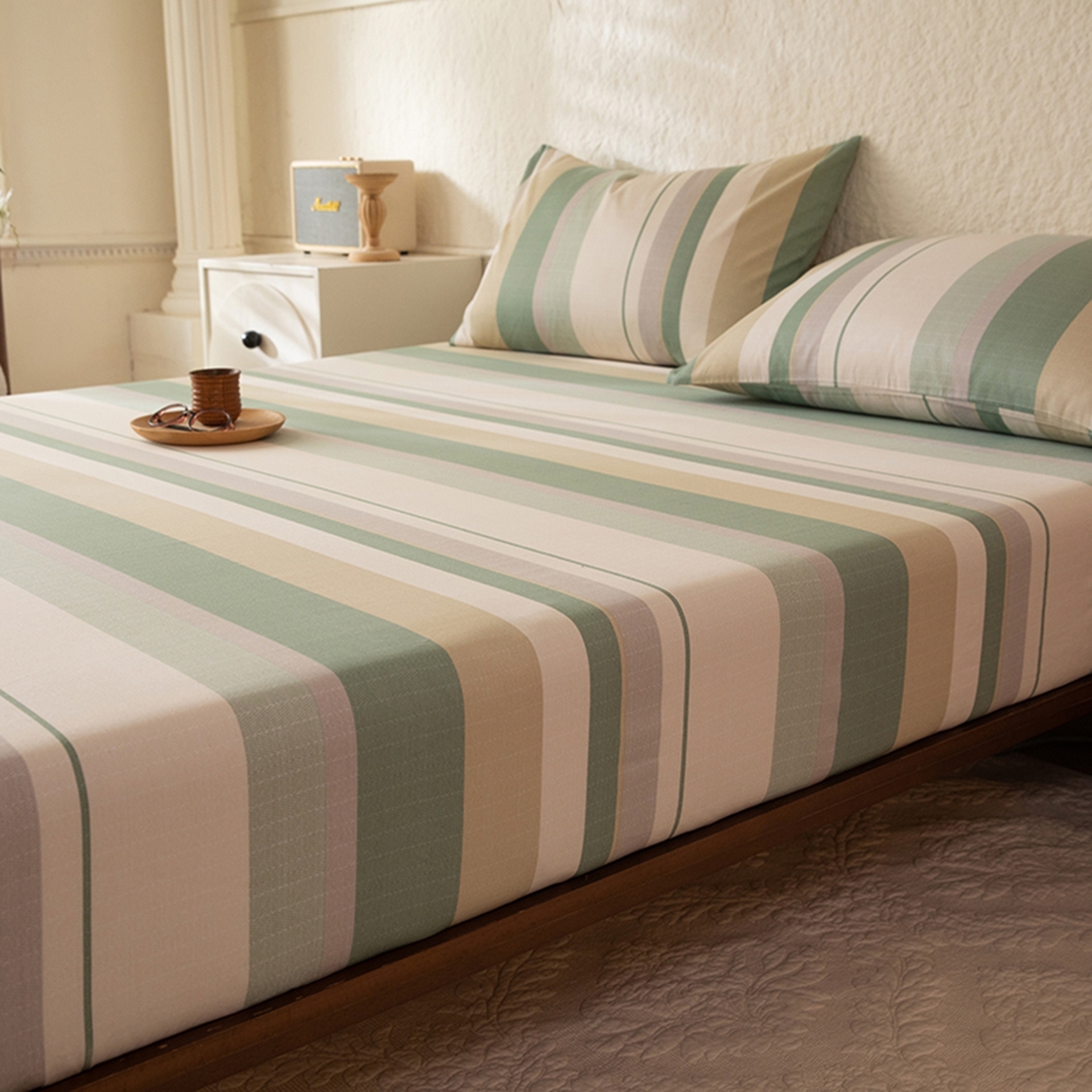 91家纺网 家纺一手货源 找家纺 八十八家纺 2026新款无印风全棉纯棉斜纹条格单床笠床笠单件单品床笠 木春