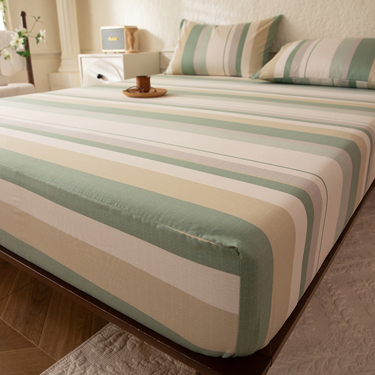 91家纺网 家纺一手货源 找家纺 八十八家纺 2026新款无印风全棉纯棉斜纹条格单床笠床笠单件单品床笠 木春