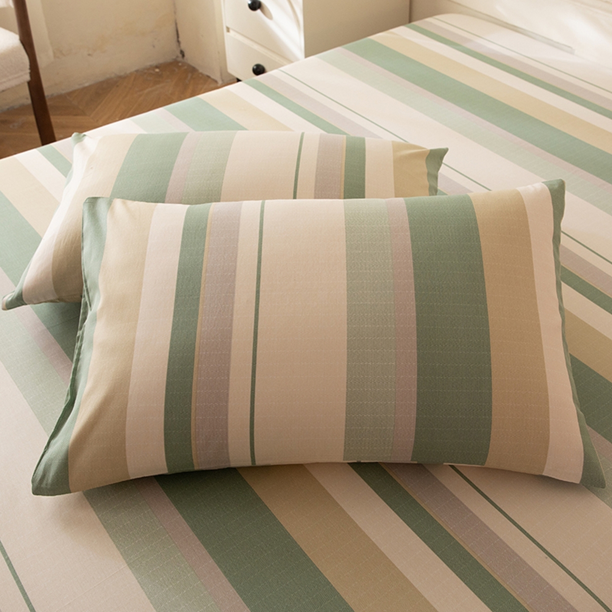 91家纺网 家纺一手货源 找家纺 八十八家纺 2026新款无印风全棉纯棉斜纹条格单床笠床笠单件单品床笠 木春