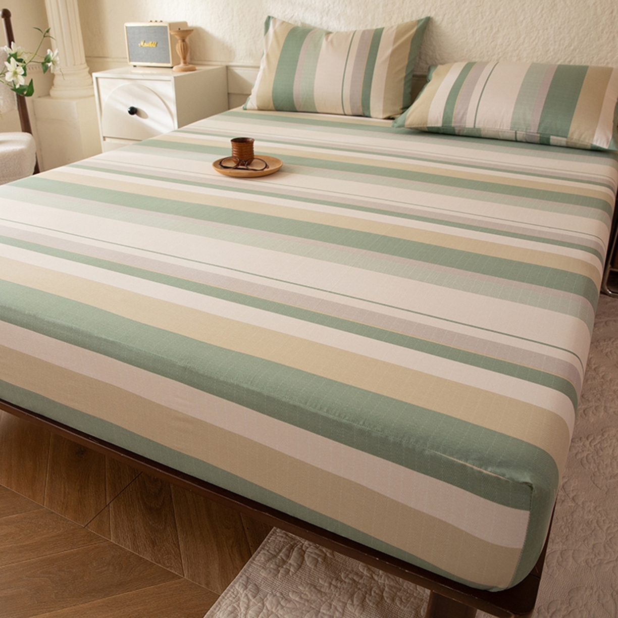 91家纺网 家纺一手货源 找家纺 八十八家纺 2026新款无印风全棉纯棉斜纹条格单床笠床笠单件单品床笠 木春