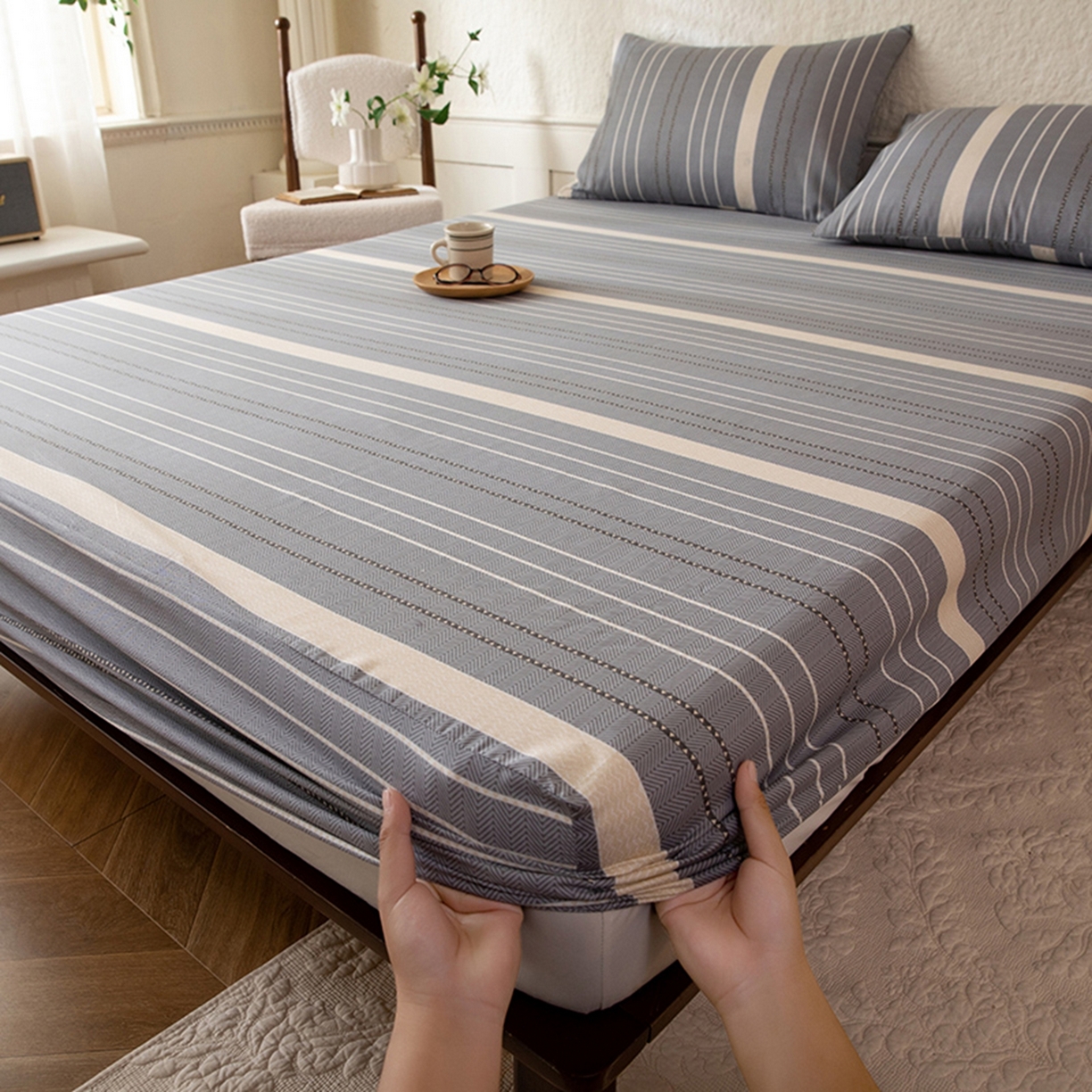 八十八家纺 2026新款无印风全棉纯棉斜纹条格单床笠床笠单件单品床笠 木几